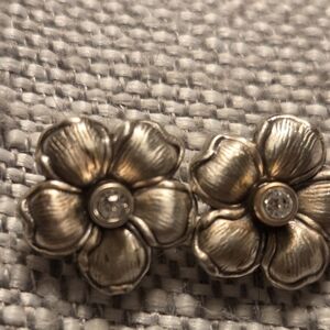 Silver Flower Earrings with Rhinestone Center
